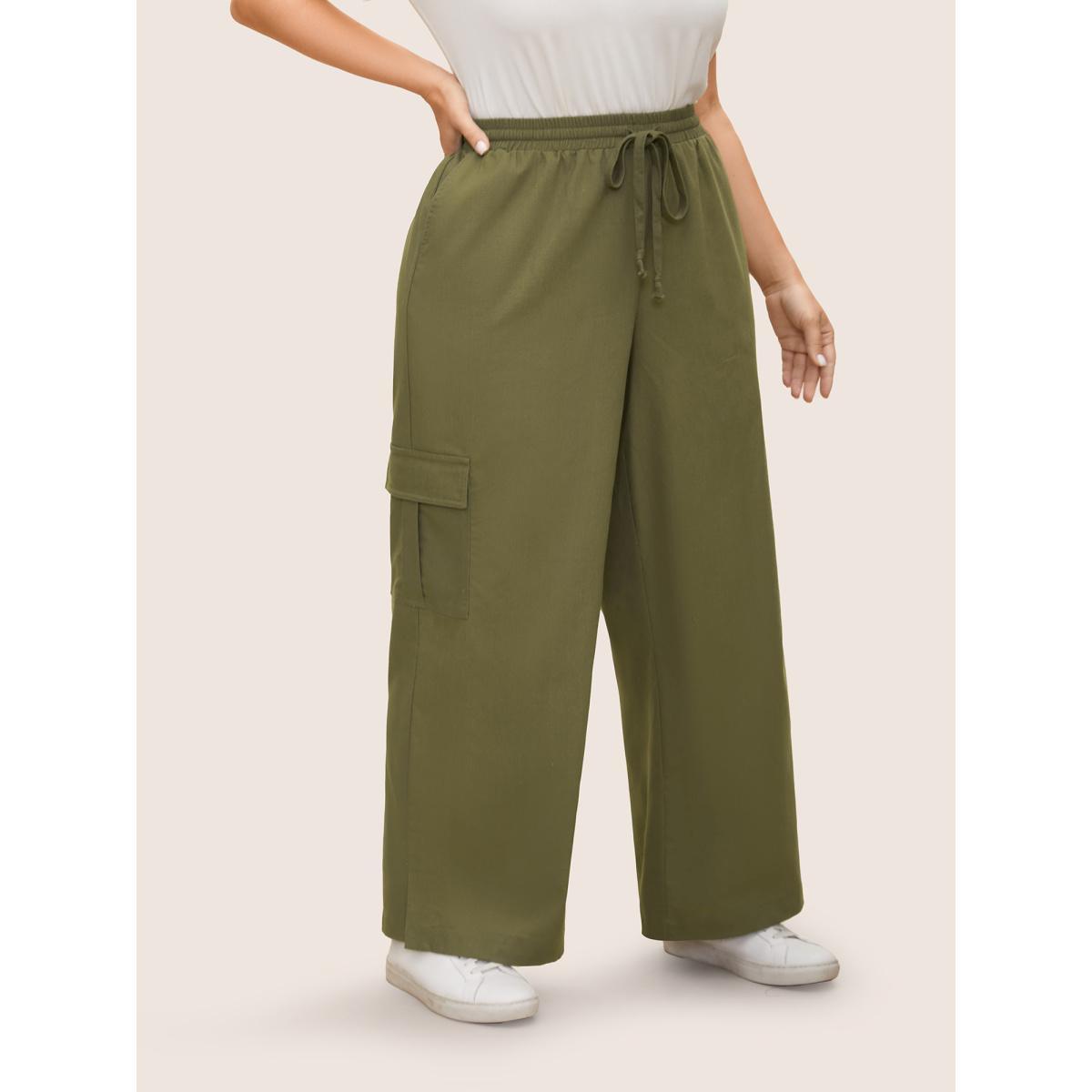 Plus Size Linen Blend Wide Leg Cargo Pants Women ArmyGreen Casual Wide Leg Mid Rise Everyday Pants BloomChic 30/6X Product Image