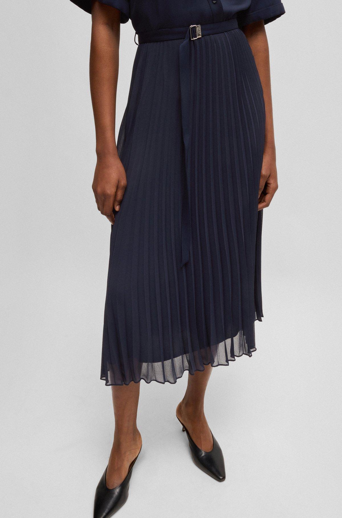 BOSS - Belted dress with plissé skirt - Dark Blue Product Image