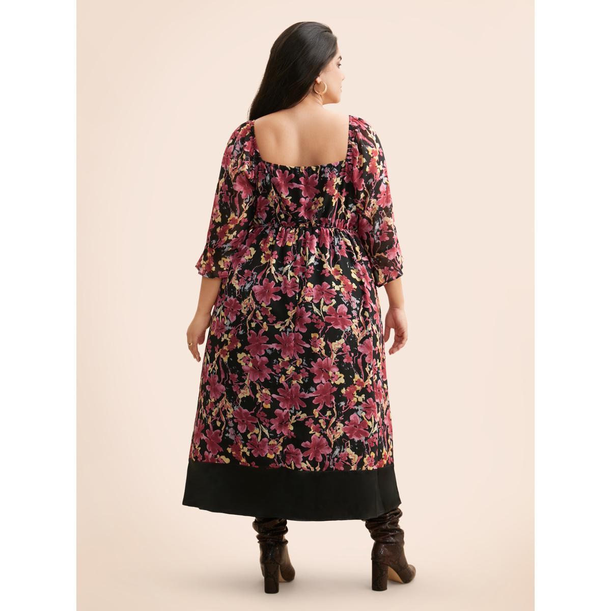 Plus Size Heart Neckline Floral Mesh Patchwork Dress Black Women Elegant See through Heart neckline Elbow-length sleeve Curvy BloomChic 26/4X Product Image