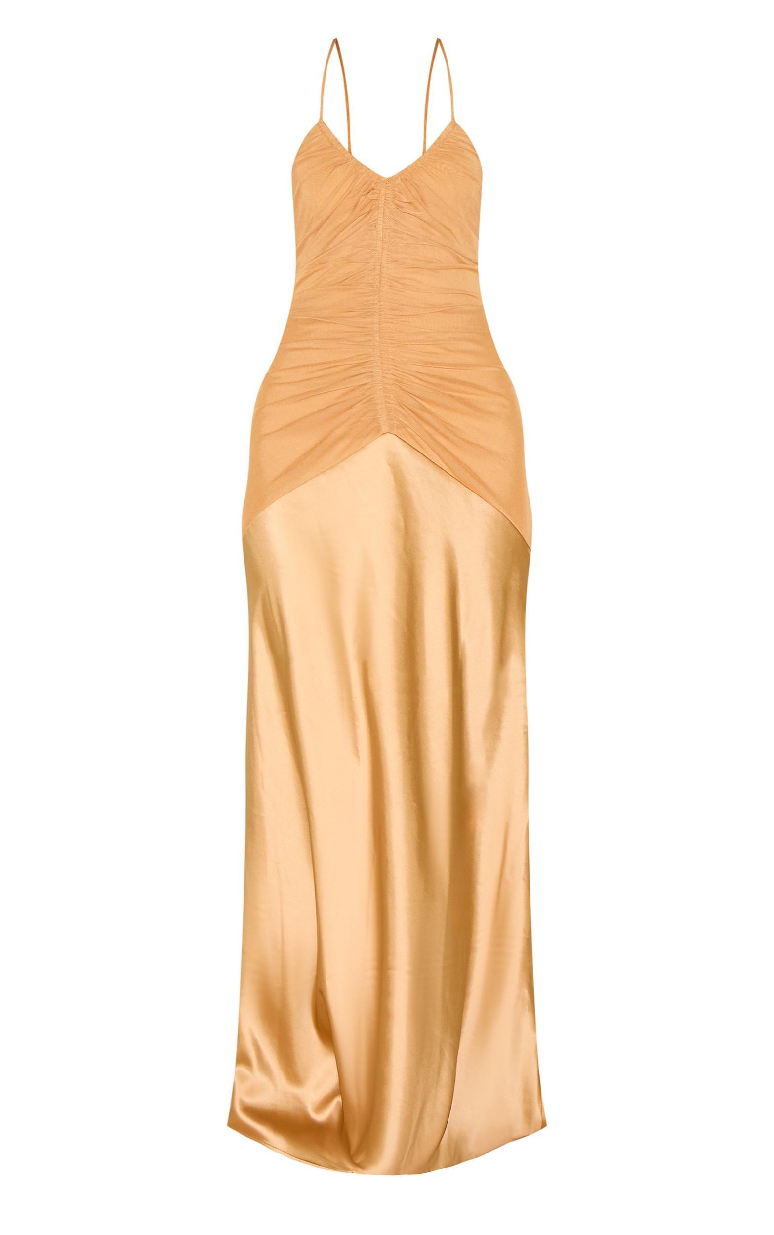 Mustard Ruched Detail Satin Maxi Slip Dress Product Image