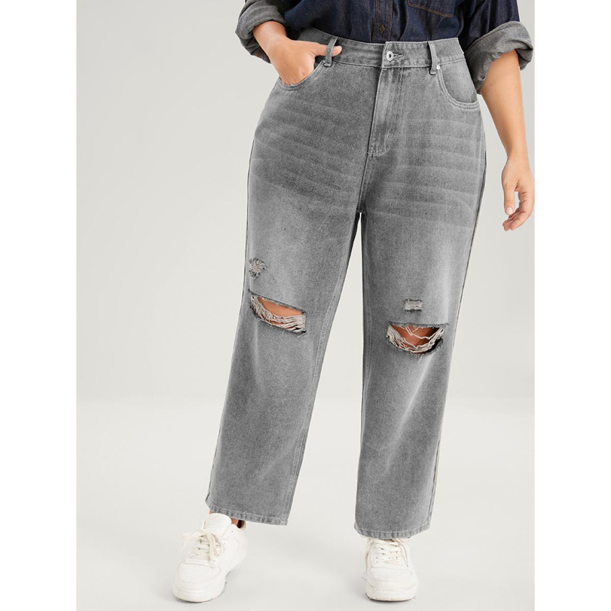 Plus Size Boyfriend Wide Leg Non Stretchy High Rise Medium Wash Jeans Women LightGray Casual Plain No stretch Pocket Jeans BloomChic 14/1X Product Image