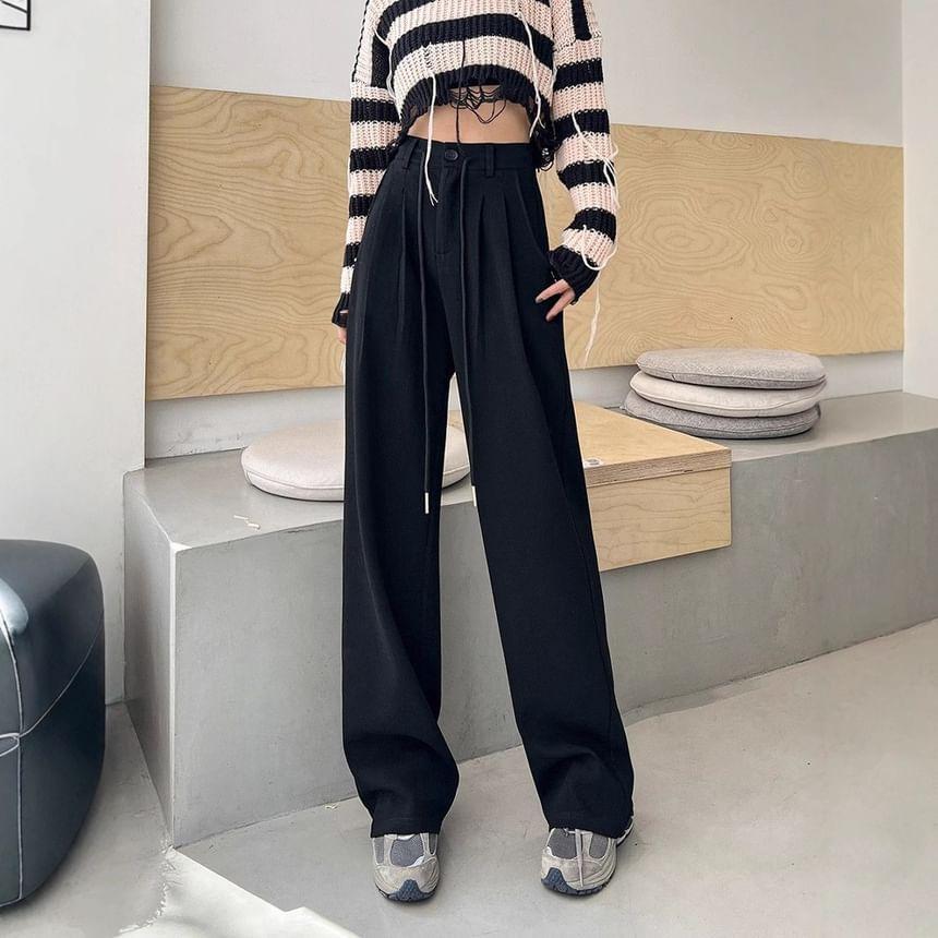 High Rise Plain Inverted Pleated Wide Leg Pants Product Image