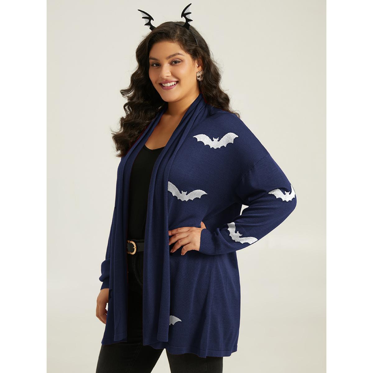 Plus Size Supersoft Essentials Halloween Bat Pattern Lapel Collar Cardigan Indigo Women Casual Loose Long Sleeve Festival-Halloween Cardigans BloomChic 10/M Product Image