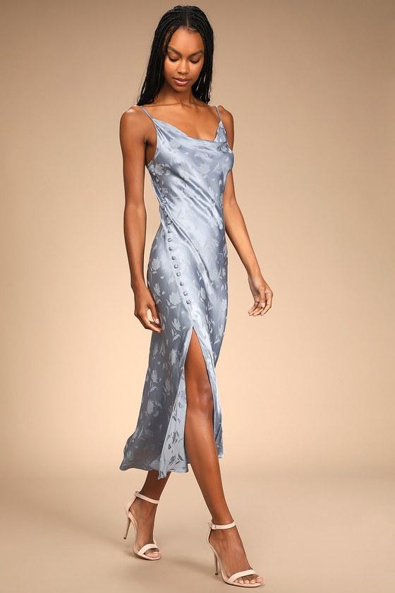 All About You Slate Blue Floral Jacquard Satin Midi Dress Product Image