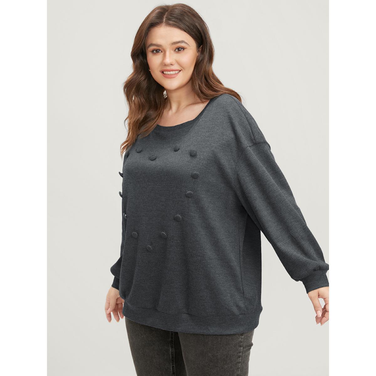 Plus Size Solid Button Detail Round Neck Waffle Knit Sweatshirt Women DimGray Elegant Button Round Neck Dailywear Sweatshirts BloomChic 12/L Product Image