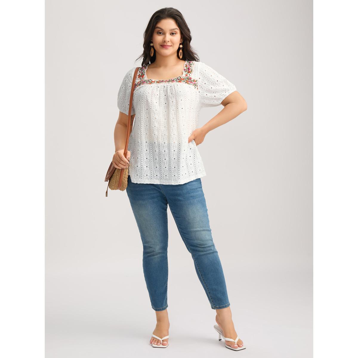 Plus Size Eyelet Trim Floral Embroidered Solid T-Shirt Opticwhite Women Woven ribbon&lace trim Square Neck Everyday-Elegant T-shirts BloomChic 14-16/1X Product Image