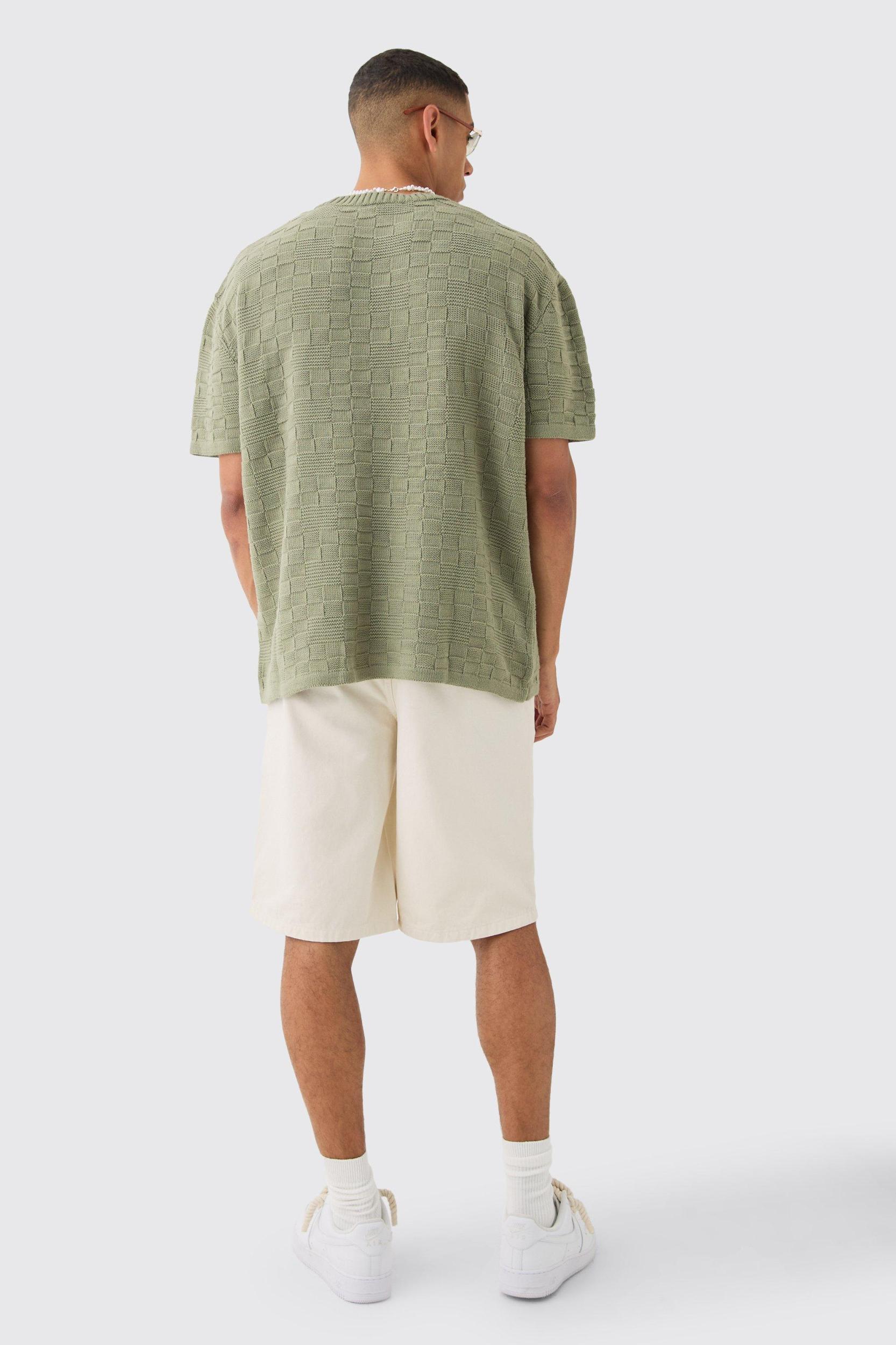Oversized Textured Knit T-shirt In Khaki | boohooMAN USA Product Image