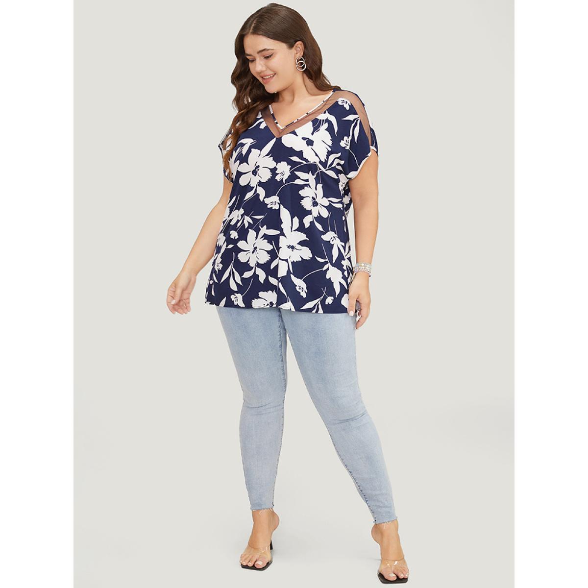 Plus Size DarkBlue Floral Mesh Insert Dolman Sleeve Blouse Women Elegant Short sleeve V-neck Dailywear Blouses BloomChic 18-20/2X Product Image