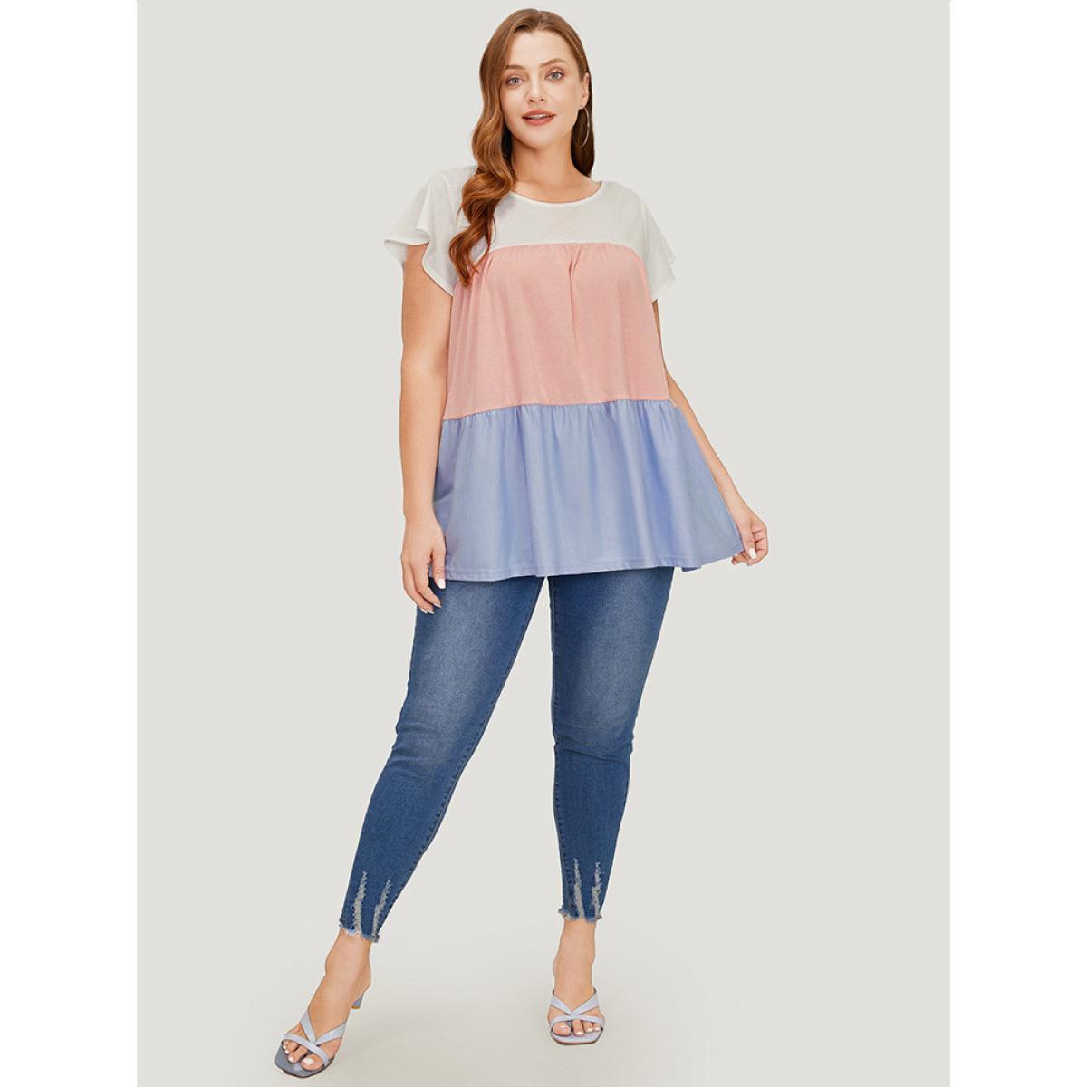 Plus Size Color Block Contrast Cap Sleeve Tank Top Women Multicolor Casual Gathered Round Neck Dailywear Tank Tops Camis BloomChic 26/4X Product Image