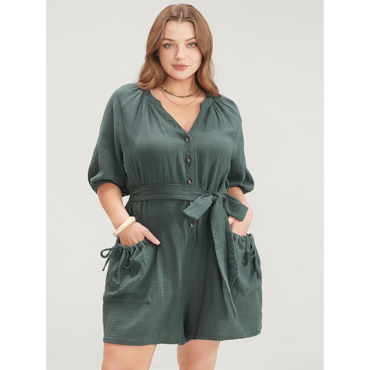 Plus Size Emerald Solid Drawstring Pocket Button Up Belted Romper Women Casual Half Sleeve V-neck Dailywear Loose Jumpsuits BloomChic 30/6X Product Image