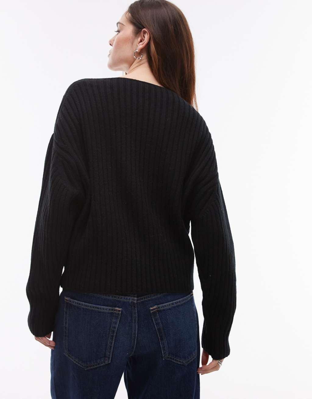 ARKET wool knit sweater with asymmetric off-shoulder in black Product Image