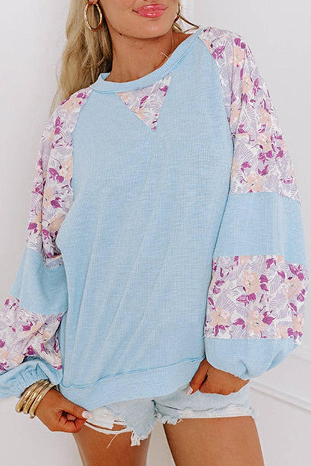 Floral Colorblock Balloon Sleeve Blouse: Beau Blue Product Image