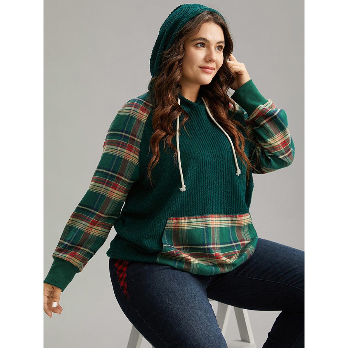 Plus Size Plaid Contrast Pocket Rib Knit Hooded Sweatshirt Women Green Casual Rib Knit Hooded Festival-Christmas Sweatshirts BloomChic 28/5X Product Image