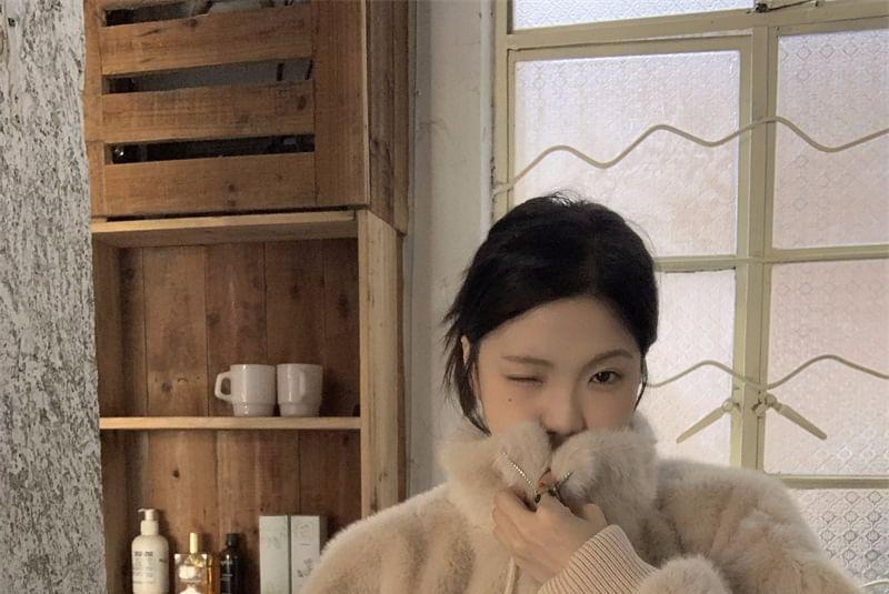 Stand Collar Plain Pom Pom Fluffy Zip-Up Jacket Product Image