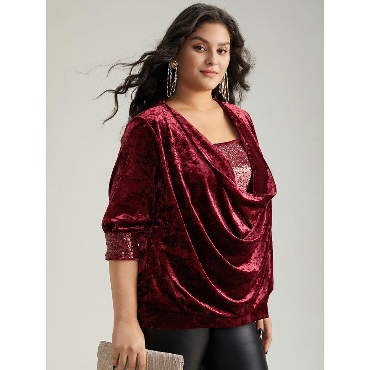 Plus Size Scarlet Cowl Neck 2-In-1 Sequin Patchwork Blouse Women Cocktail Elbow-length sleeve Cowl Neck Party Blouses BloomChic 18-20/2X Product Image