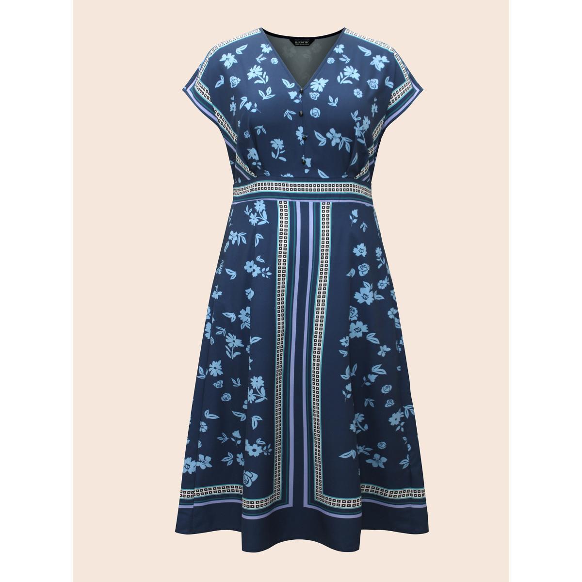 Plus Size Boho Print Shirred Dolman Sleeve Dress Navy Women Elegant Pleated V-neck Short sleeve Curvy BloomChic 26/4X Product Image
