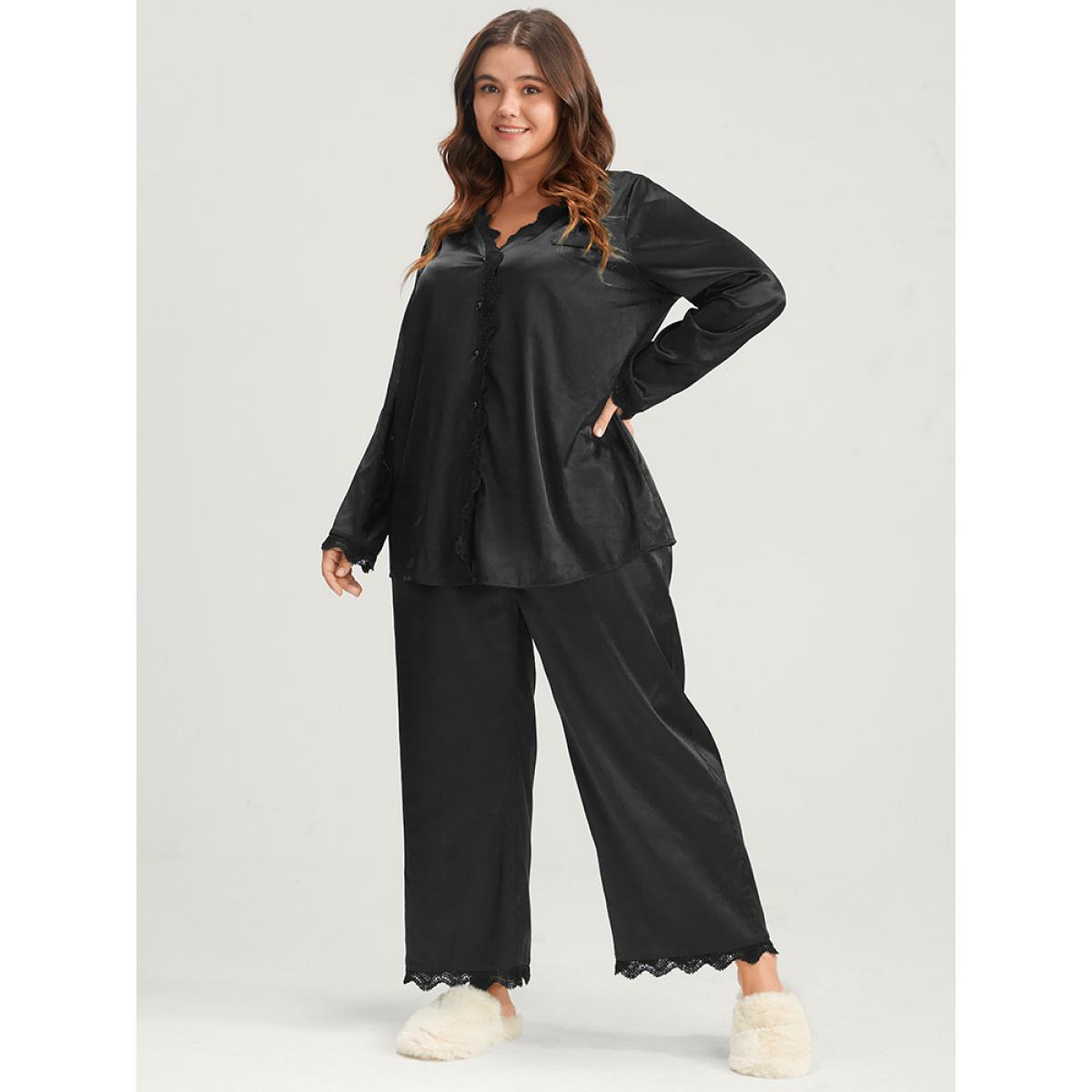 Plus Size Solid Button Up Lace Trim Satin Pajama Set Women Black Plain Long Sleeve V-neck Casual Loungewear Sets BloomChic 18-20/2X Product Image