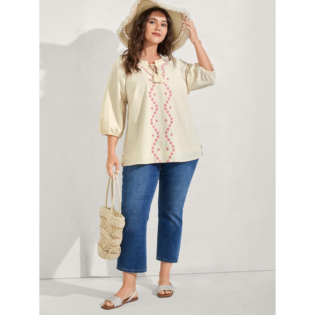 Plus Size Ivory Cotton Lace Embroidered Shirred Neck-Tie Blouse Women Elbow-length sleeve Flat collar with V-notch Vacation Blouses BloomChic 12/L Product Image