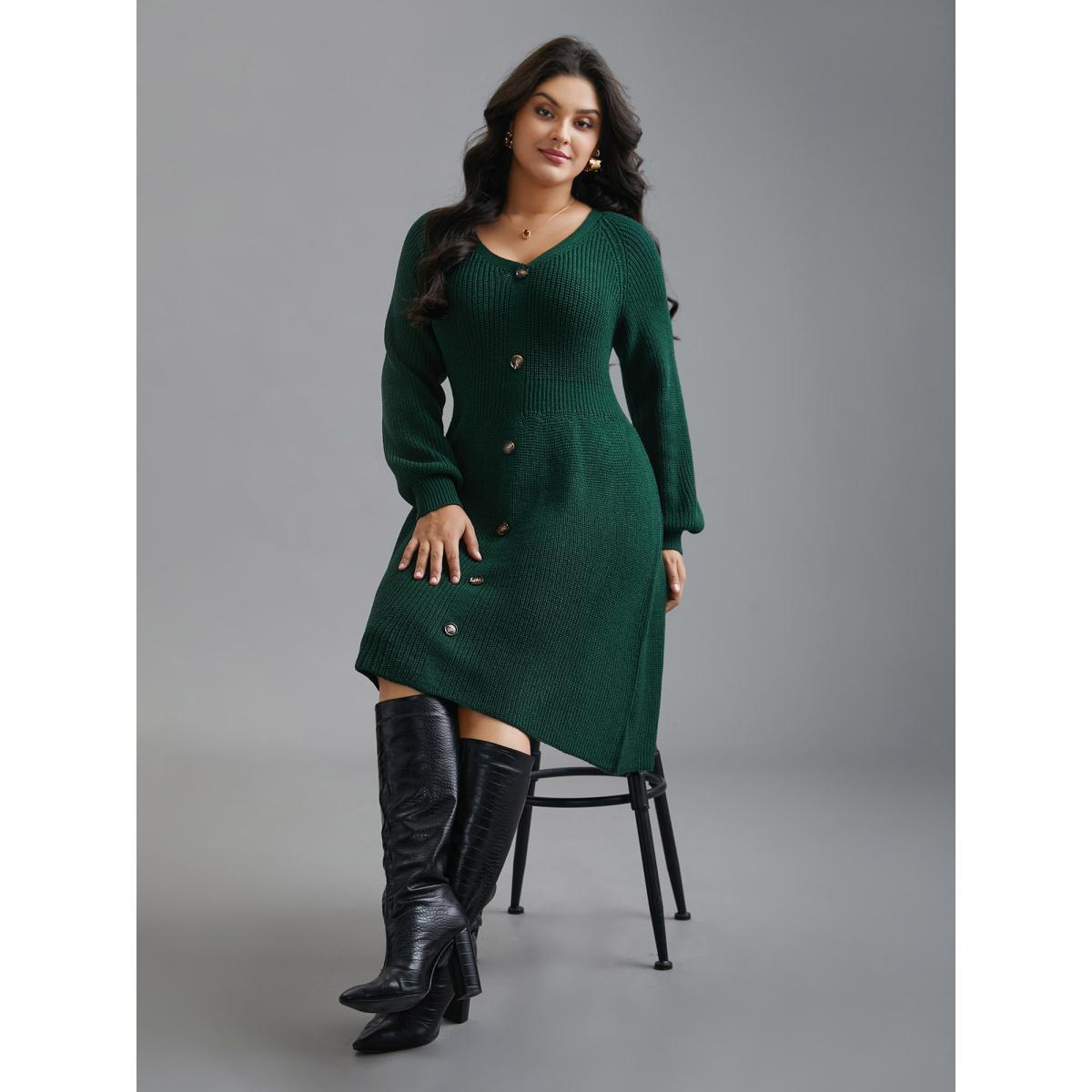 Plus Size Raglan Sleeve Textured Button Detailing Dress DarkGreen Women Elegant Bodycon Long Sleeve Everyday Sweater Dresses BloomChic 10/M Product Image