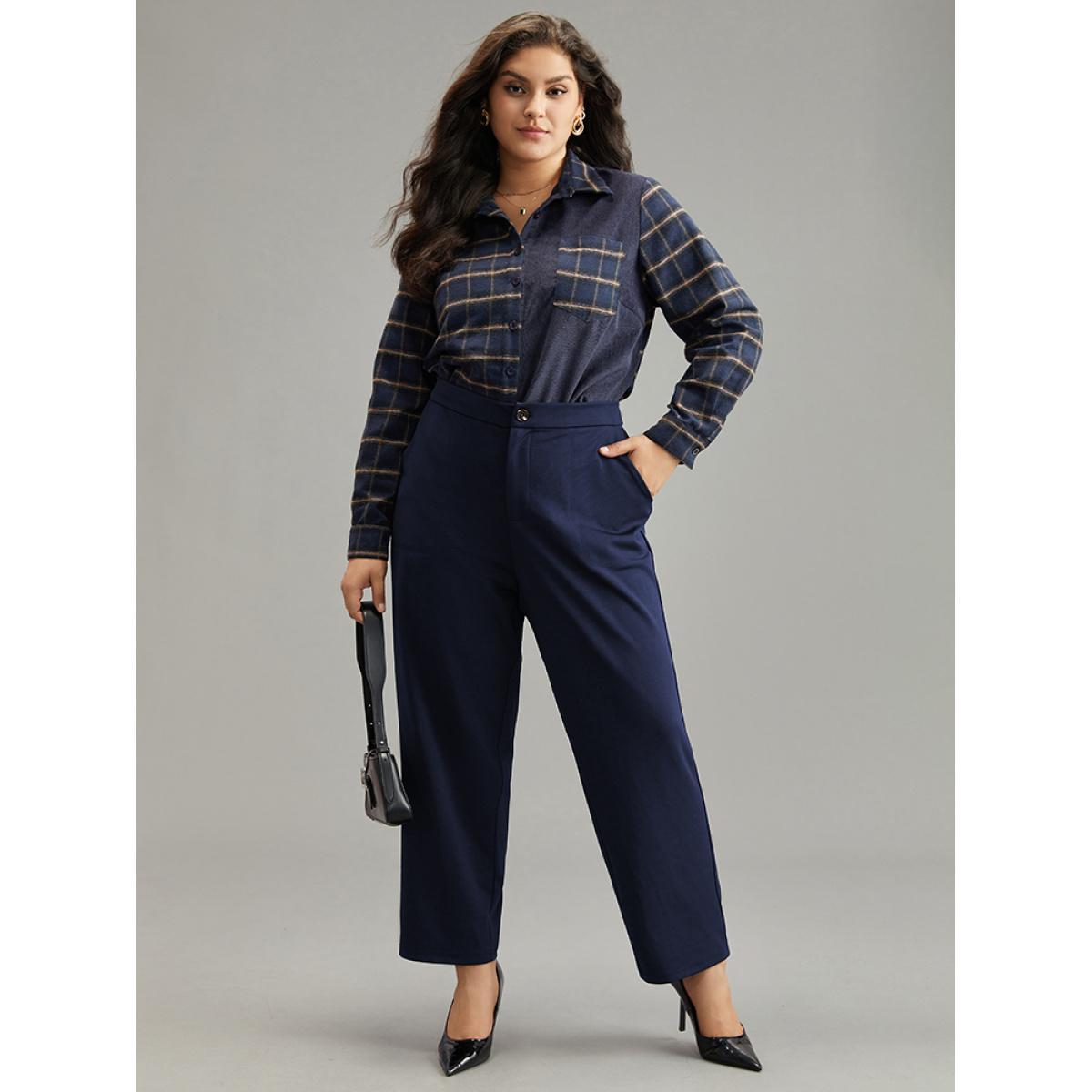 Plus Size Plain Elastic Waist Pocket Mid Rise Pants Women Indigo Office Mid Rise Work Pants BloomChic 30/6X Product Image
