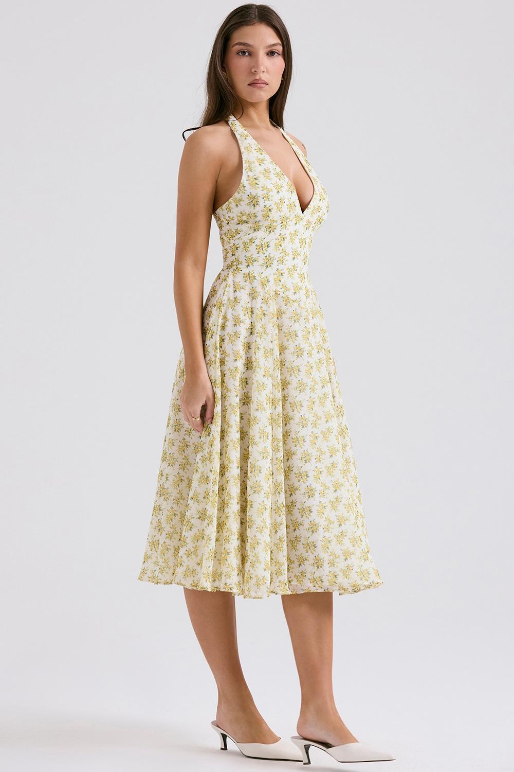 Solada  ivory vintage floral print georgette halter sundress Product Image