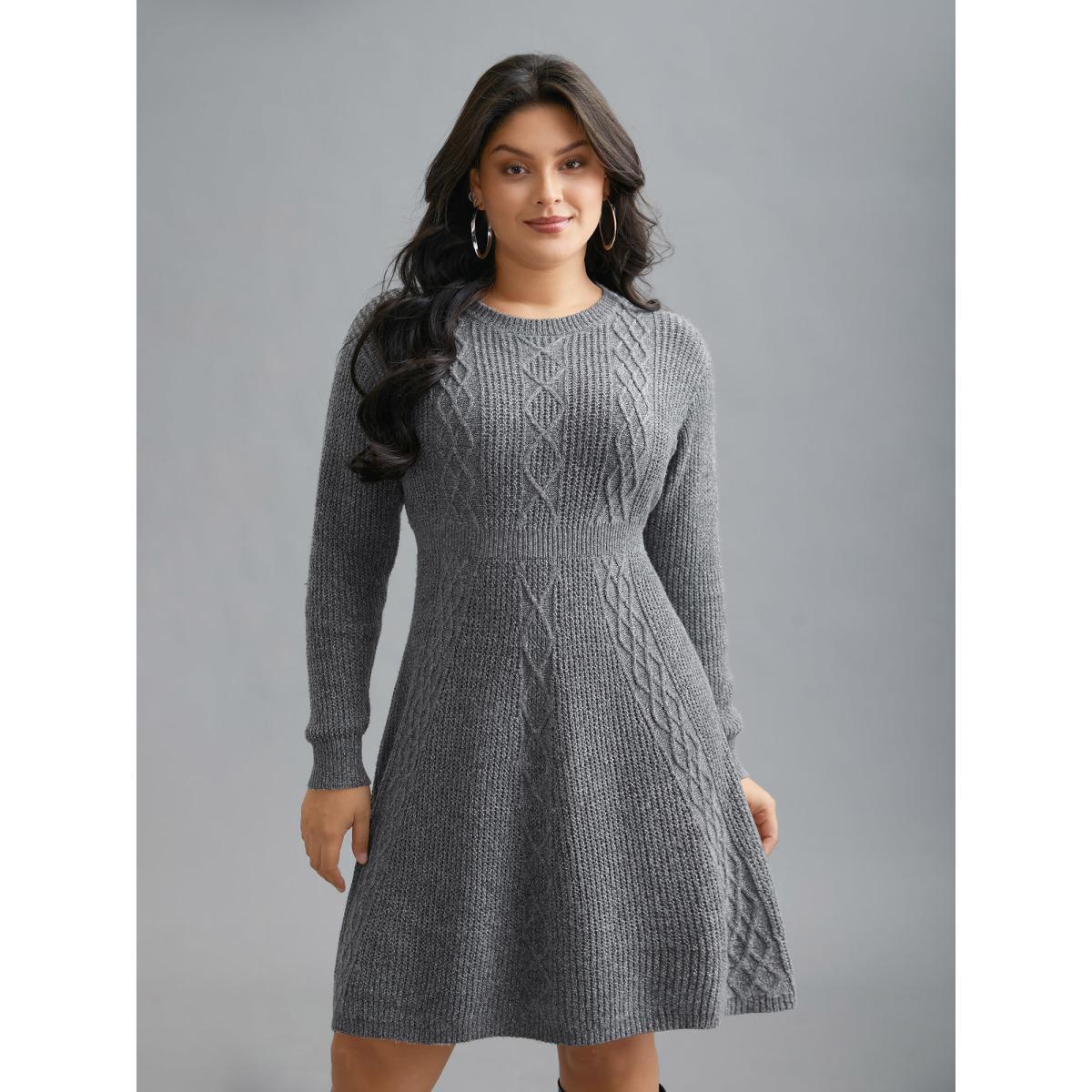 Plus Size Cable Knit Ribbed Waist Cinched Midi Sweater Dress Mediumgray Women Elegant Bodycon Long Sleeve Everyday Sweater Dresses BloomChic 28/5X Product Image