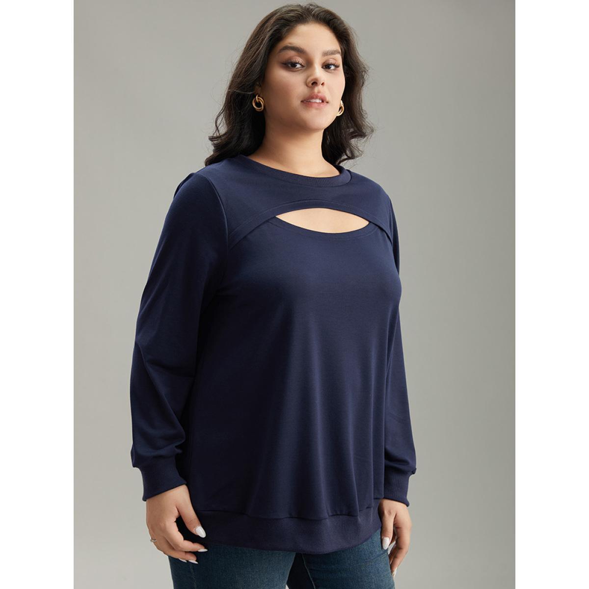 Plus Size Solid Keyhole Elastic Cuffs Sweatshirt Women Indigo Elegant Elastic cuffs Keyhole Cut-Out Dailywear Sweatshirts BloomChic 14-16/1X Product Image