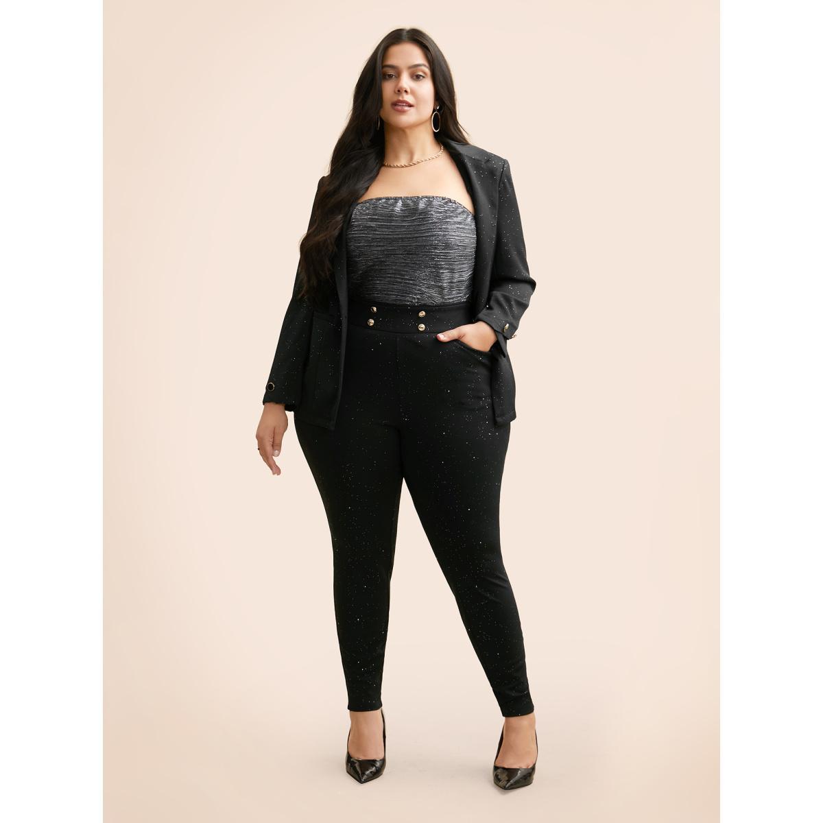 Plus Size Glitter Button Detail Skinny Pants Women Black Basics Skinny High Rise Everyday Pants BloomChic 30/6X Product Image