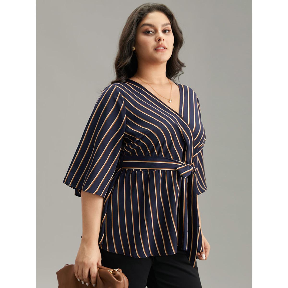 Plus Size Indigo Striped Overlap Collar Bell Sleeve Blouse Women Office Elbow-length sleeve Overlap Collar Work Blouses BloomChic 28/5X Product Image