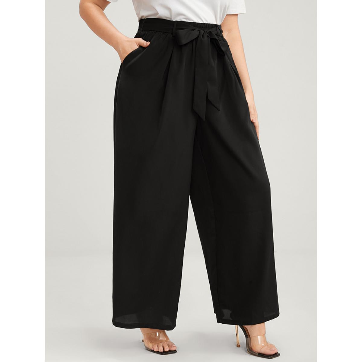 Plus Size Solid Elastic Waist Knotted Front Pocket Wide Leg Pants Women Black Casual Wide Leg High Rise Dailywear Pants BloomChic 22-24/3X Product Image