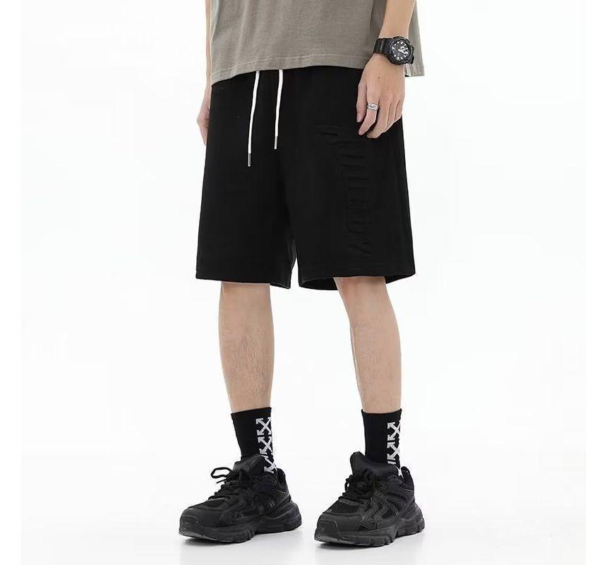 Drawstring Waist Plain Lettering Embossed Bermuda Shorts Product Image