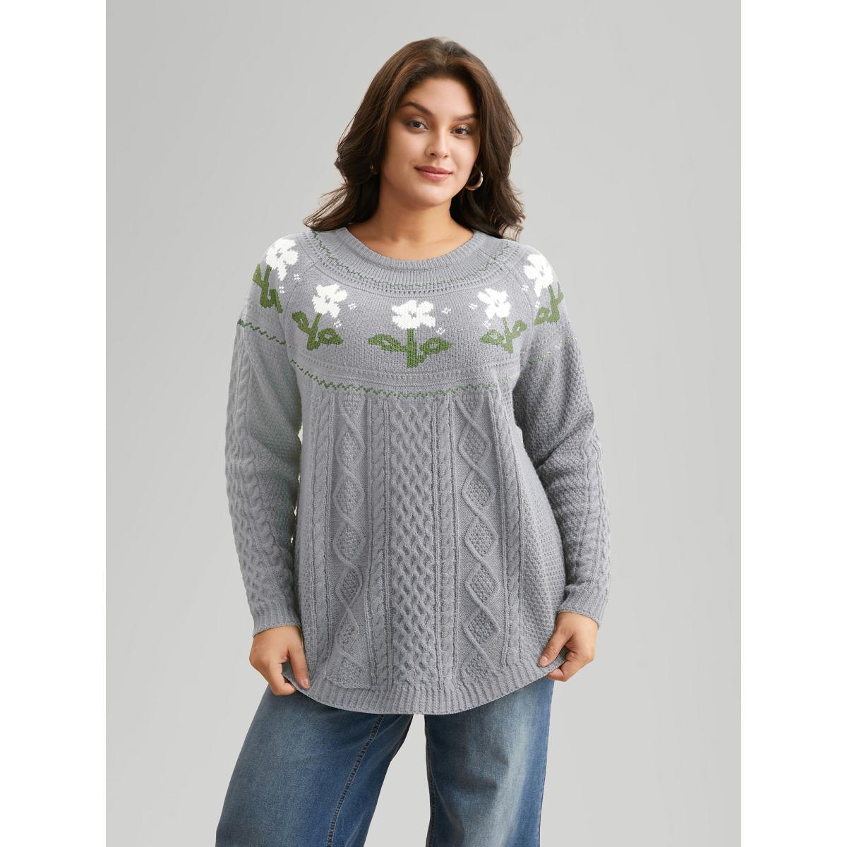 Plus Size Floral Jacquard Raglan Sleeve Pullover LightGray Women Casual Long Sleeve Round Neck Everyday Pullovers BloomChic 18-20/2X Product Image