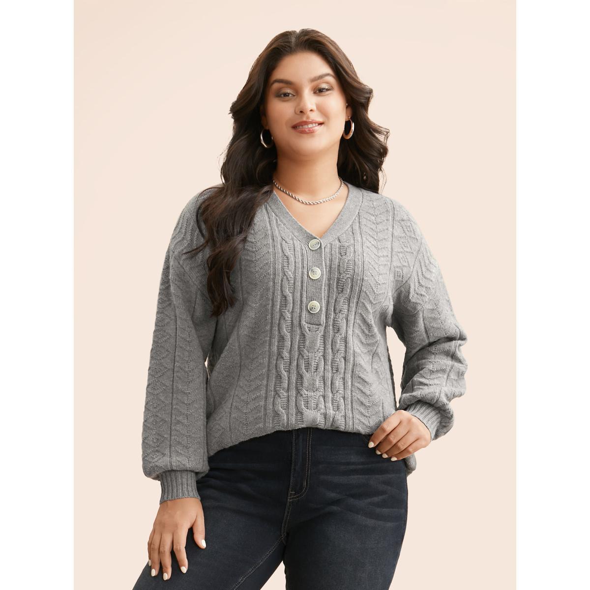 Plus Size Supersoft Essentials Cable Knit Button Up Pullover Mediumgray Women Casual Loose Long Sleeve V-neck Everyday Pullovers BloomChic 10/M Product Image