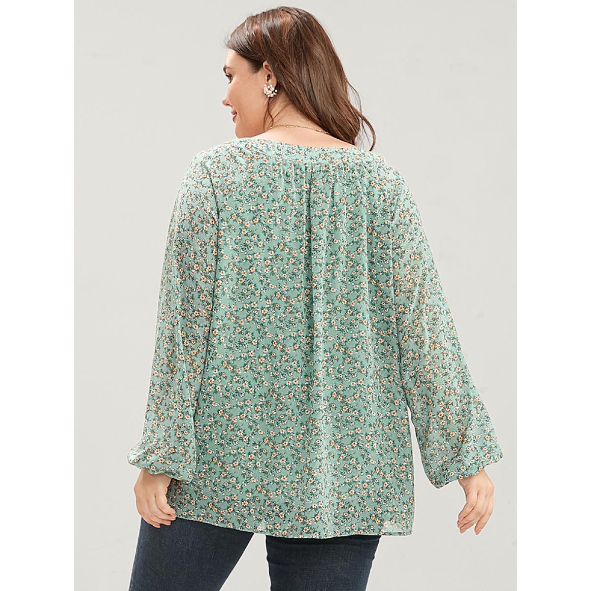 Plus Size Mint Ditsy Floral Lantern Sleeve V Neck Blouse Women Elegant Long Sleeve V-neck Dailywear Blouses BloomChic 10/M Product Image