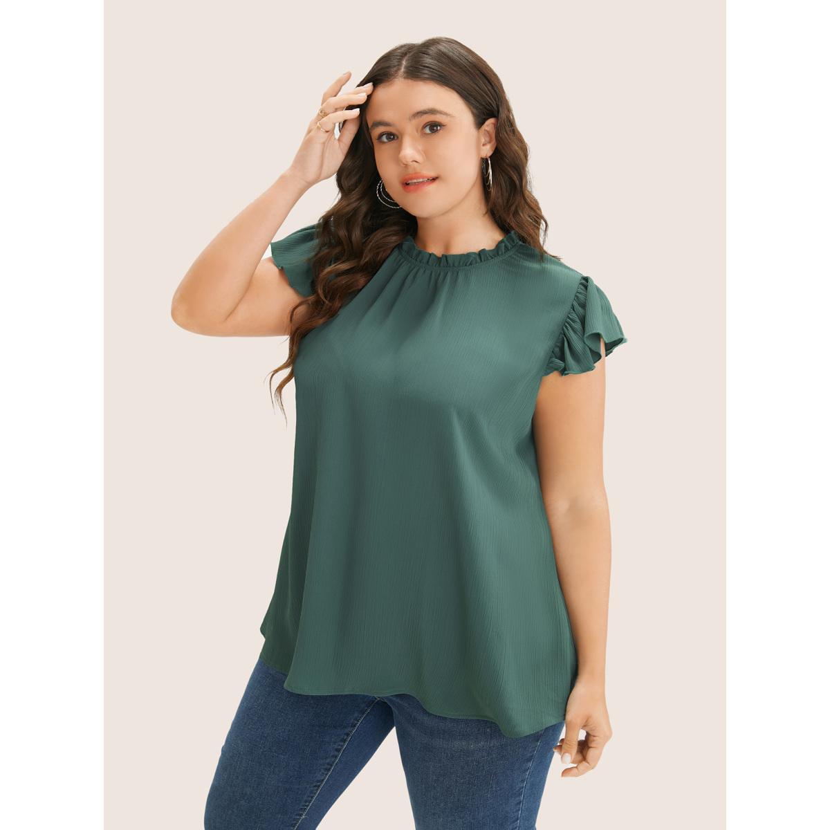 Plus Size Mint Plain Mock Neck Cap Sleeve Ruffle Trim Blouse Women Elegant Short sleeve Mock Neck Everyday Blouses BloomChic 12/L Product Image