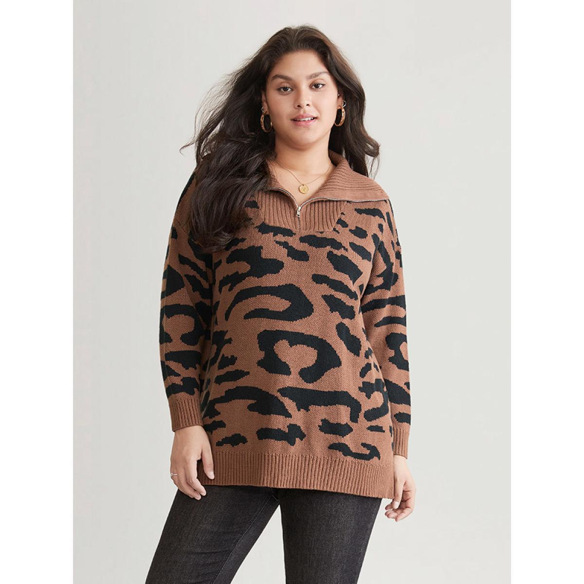 Plus Size Leopard Graphic Half Zip Polo Knit Pullover Rust Women Casual Loose Long Sleeve Polo Dailywear Pullovers BloomChic 12/L Product Image