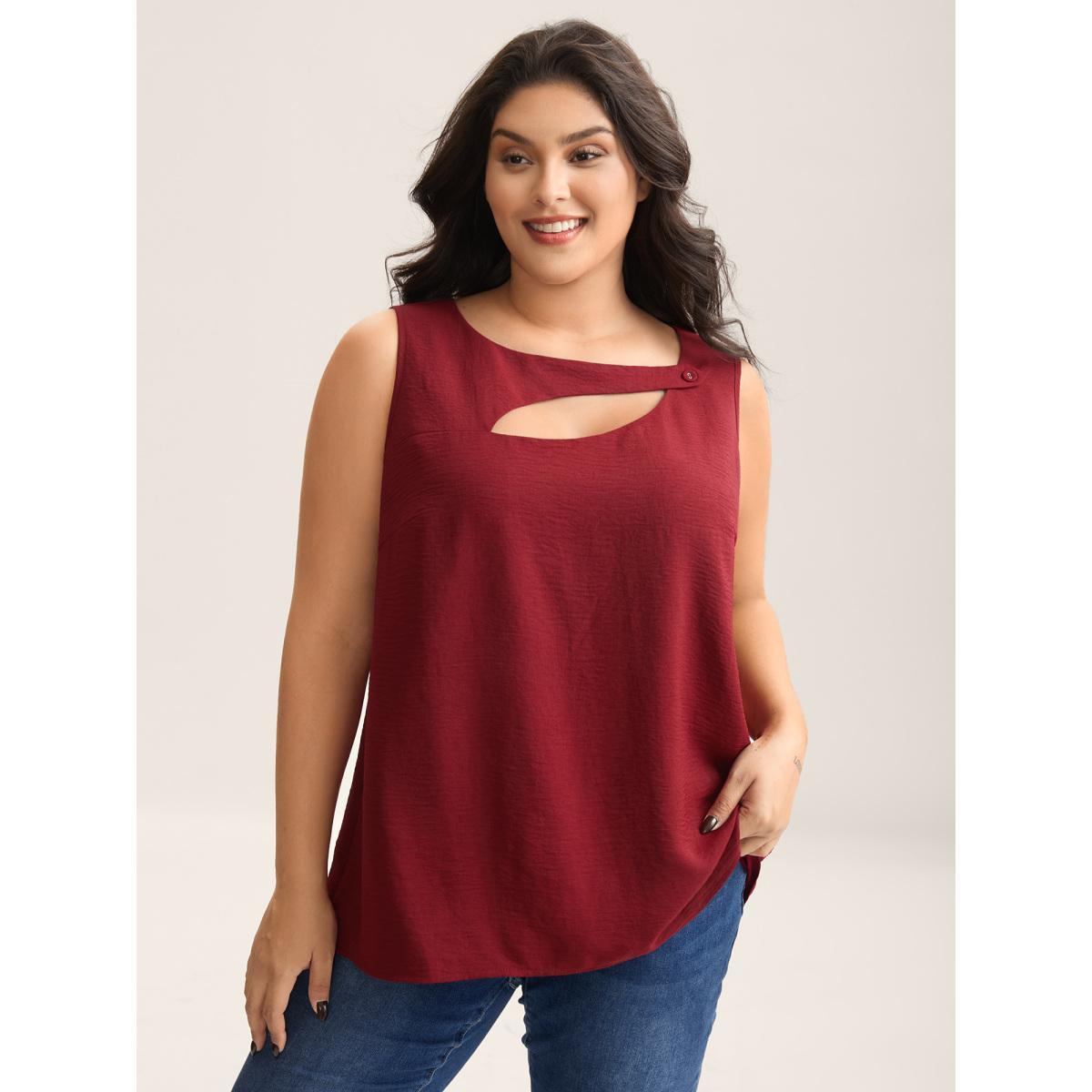 Plus Size Asymmetrical Neckline Cut-Out Solid Tank Top Women Burgundy Button Asymmetrical Neck Everyday-Casual Tank Tops Camis BloomChic 22-24/3X Product Image