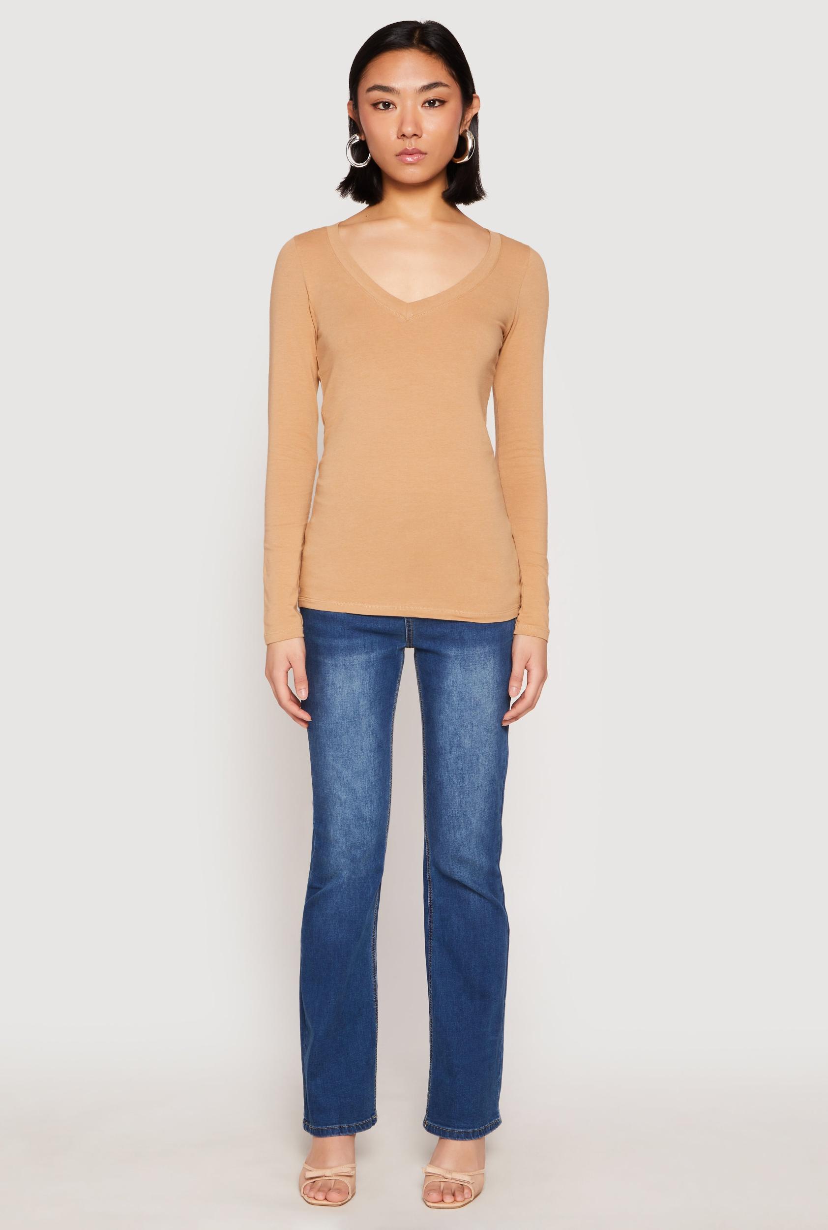 Womens Basic Long Sleeve V Neck Tee Product Image