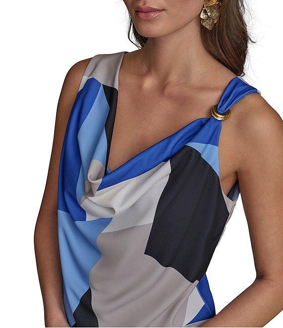 Donna Karan Geometric Printed Gold Shoulder Hardware Cowl Neck Sleeveless Top Product Image