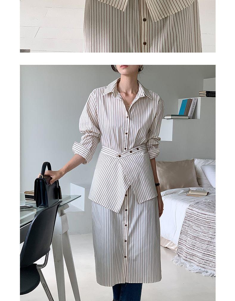 Set: Long-Sleeve Striped Midi Shirt Dress + Decorative Hem Product Image
