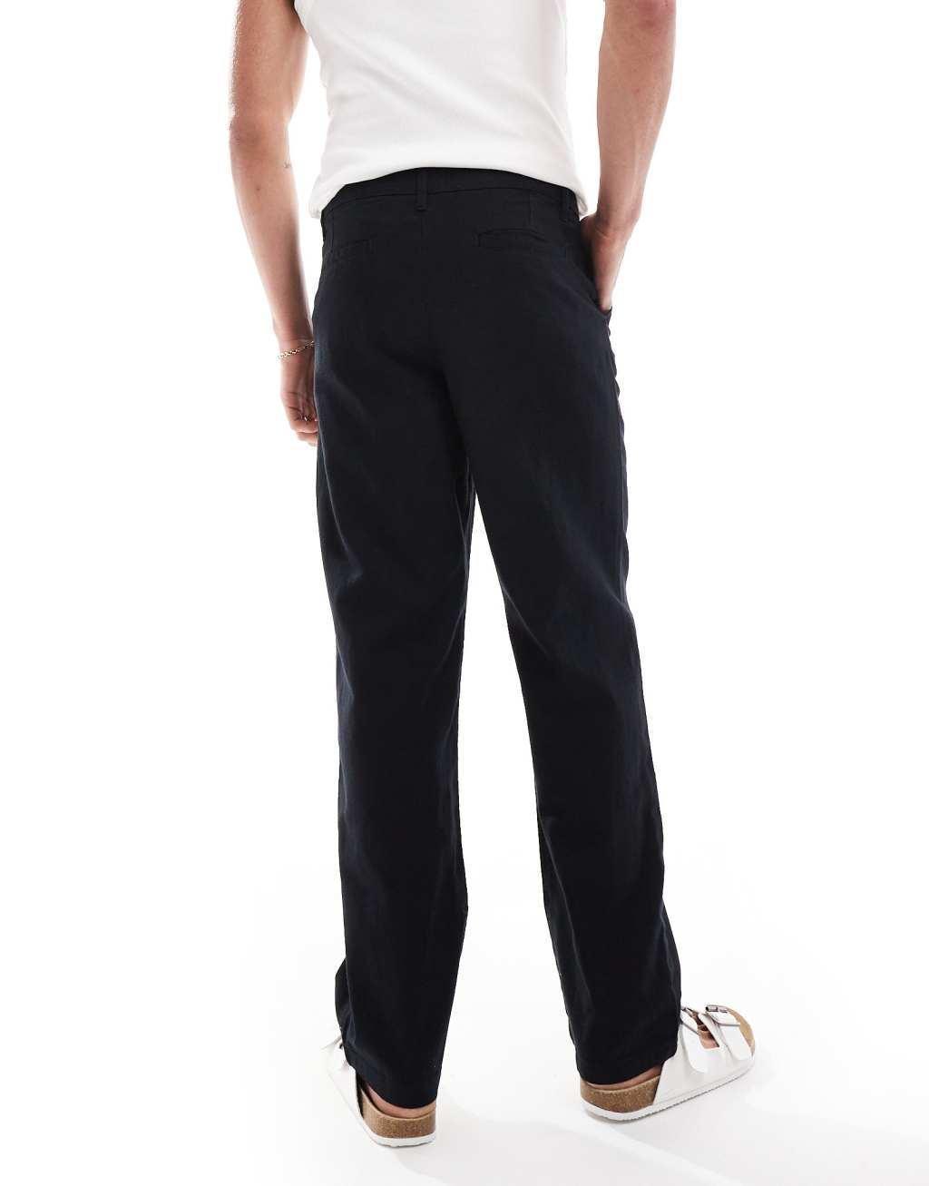ASOS DESIGN relaxed linen chinos in black Product Image