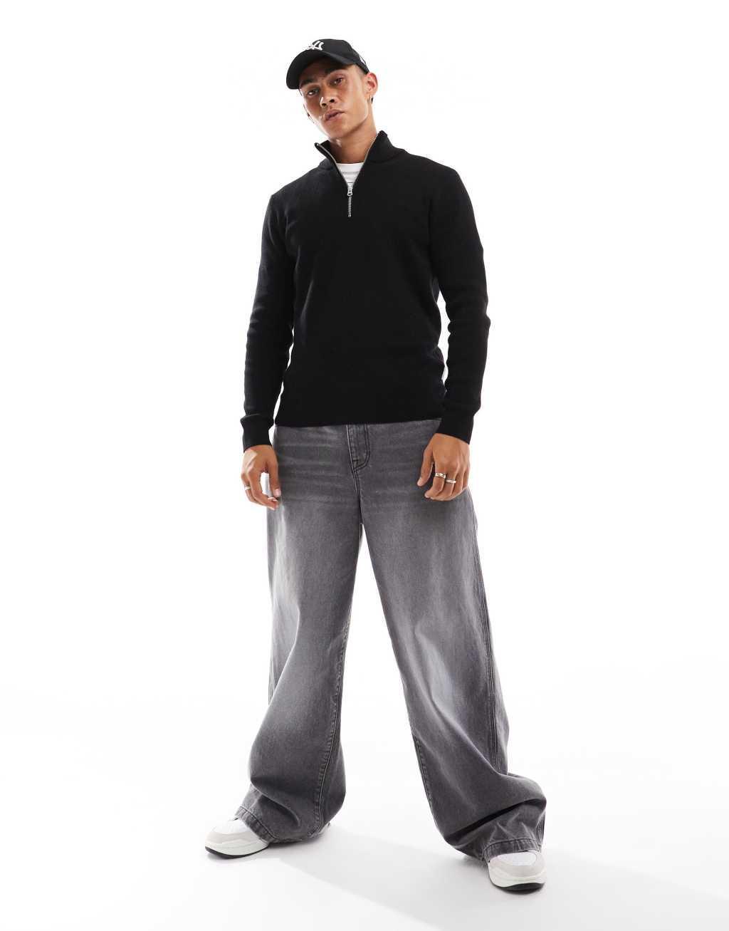 ONLY & SONS ribbed half zip sweater in black Product Image