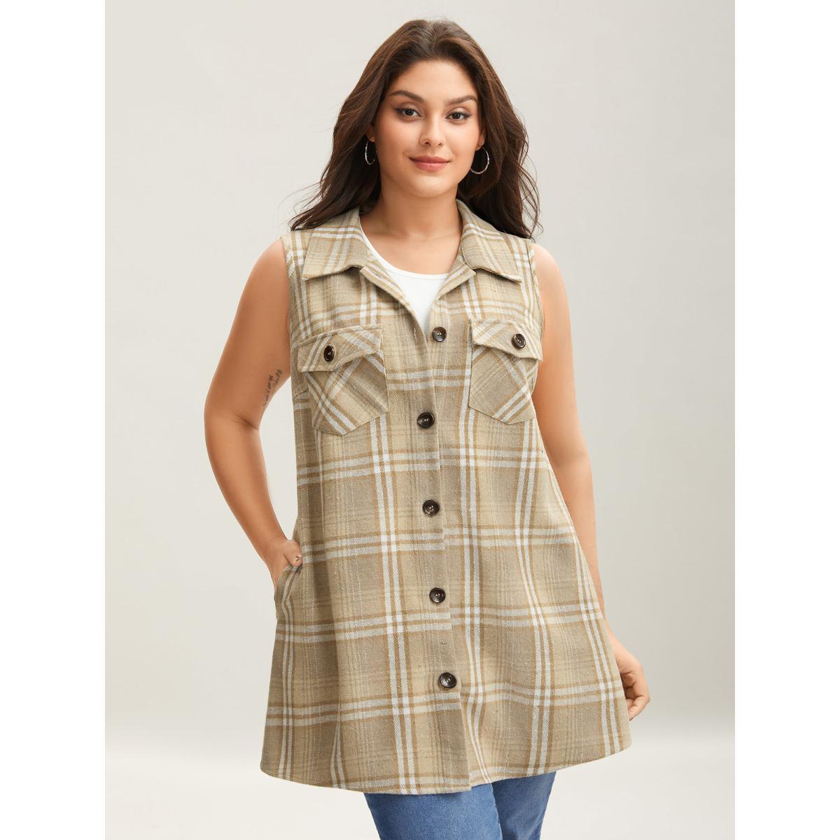 Plus Size Plaid Flap Detail Sleeveless Jacket Women LightBrown Button Side seam pocket Everyday Jackets BloomChic 26/4X Product Image