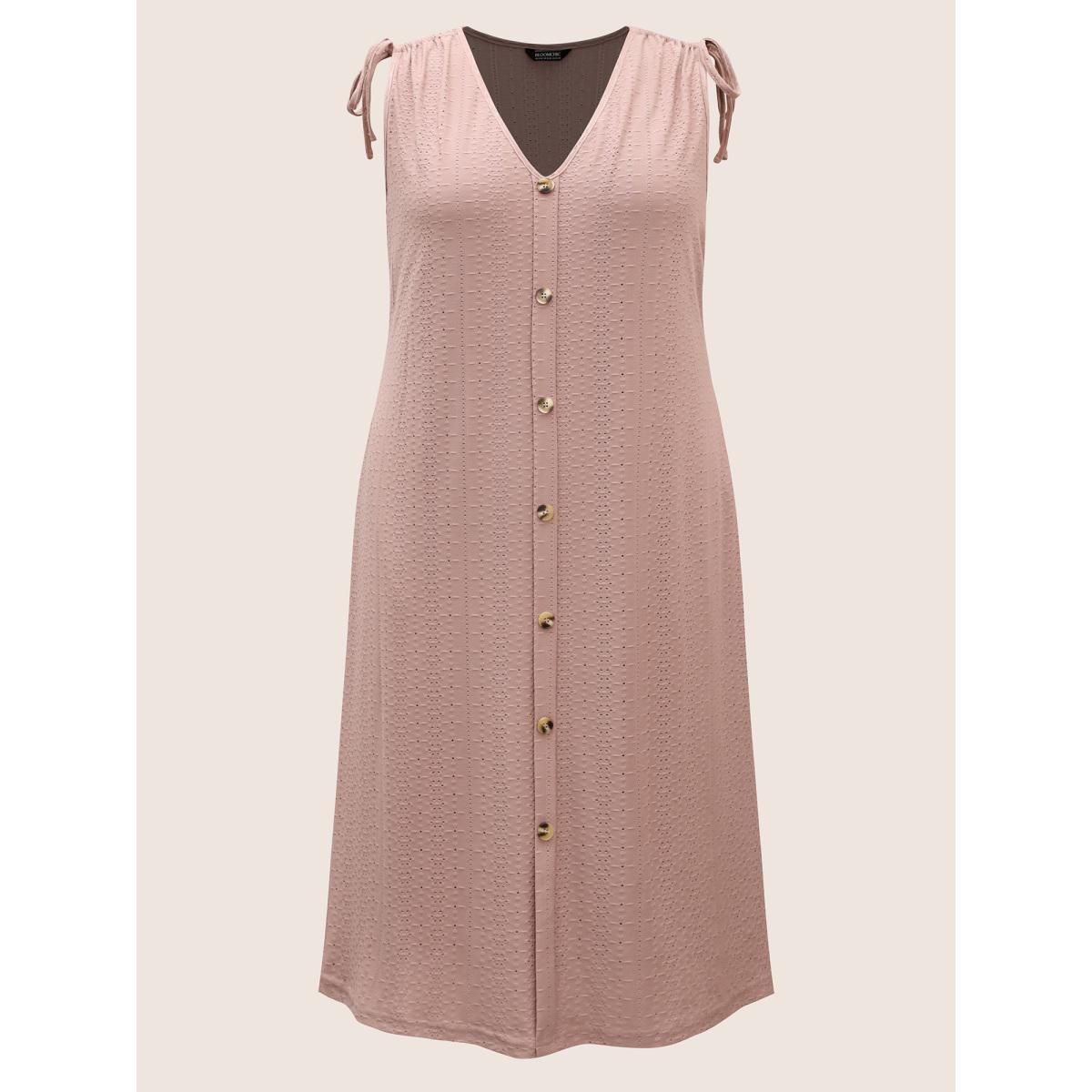 Plus Size V Neck Button Detail Sleeveless Drawstring Dress Dirtypink Women Casual Texture V-neck Sleeveless Curvy BloomChic 18-20/2X Product Image