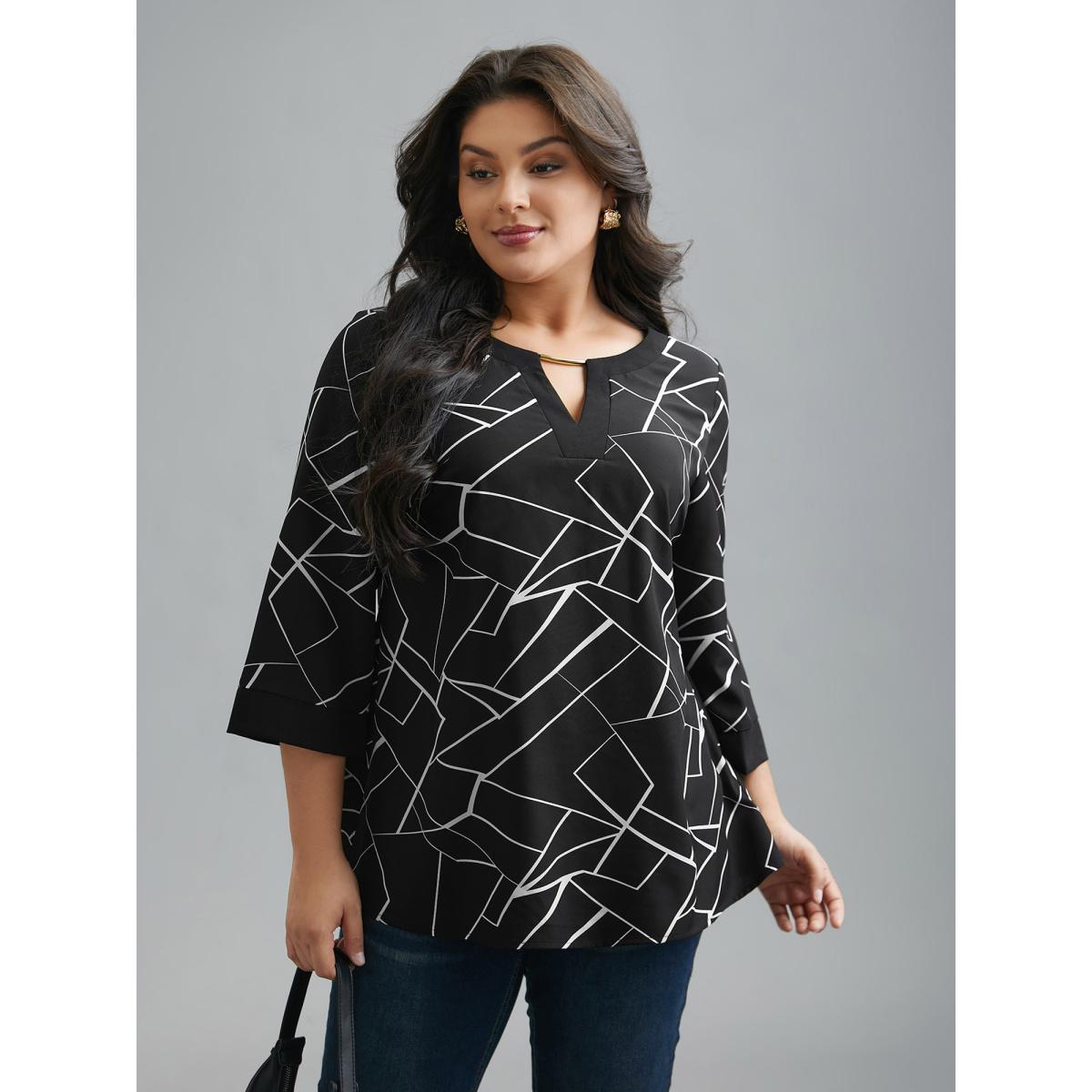 Plus Size Black Geometric Print Metal Detail Spliced Blouse Women At the Office Elbow-length sleeve Round Neck Work Blouses BloomChic 12/L Product Image