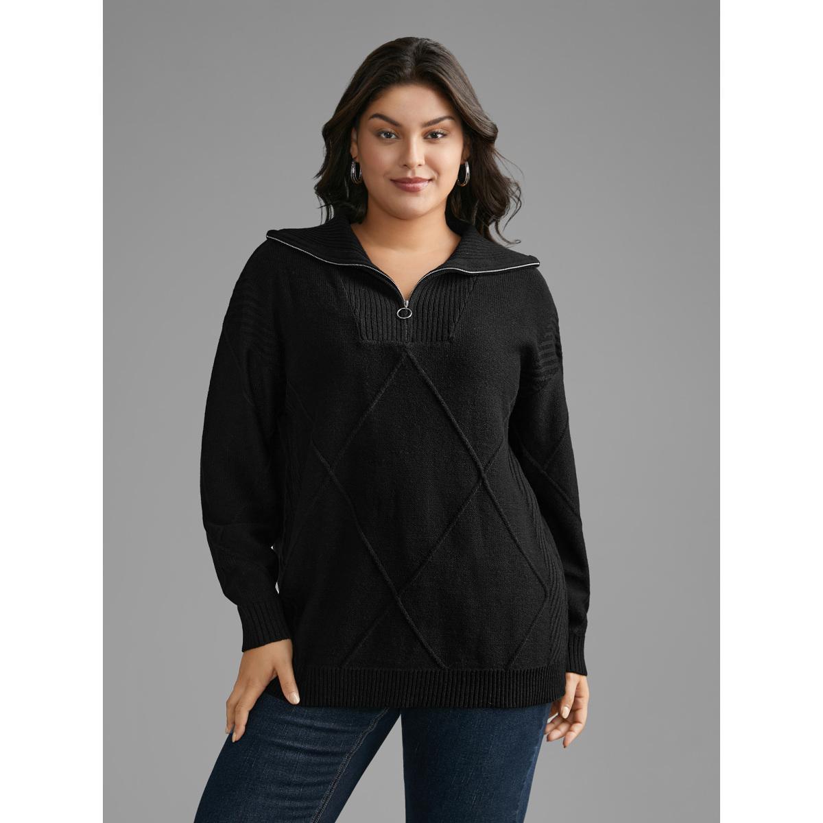 Plus Size Texture Half Zip Drop Shoulder Pullover Black Women Casual Loose Long Sleeve Polo Everyday Pullovers BloomChic 22-24/3X Product Image