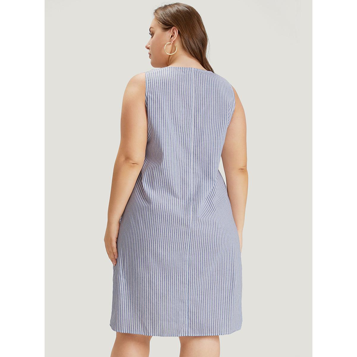 Plus Size Striped Patched Pocket Adjustable Button Dress LightBlue Women Casual Adjustable Straps Round Neck Sleeveless Curvy Knee Dress BloomChic 28/5X Product Image