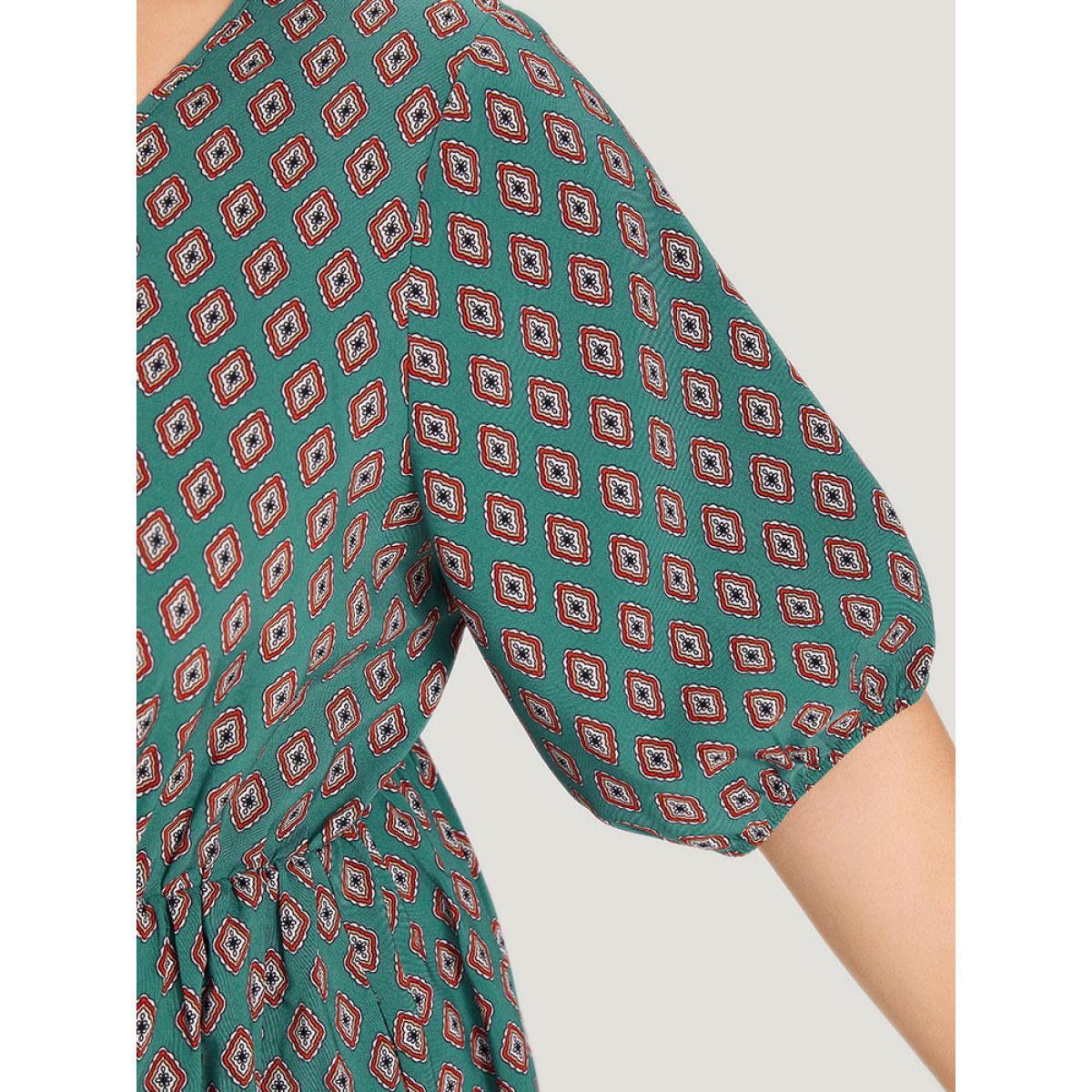 Plus Size Boho Print V Neck Pocket Lantern Sleeve Dress Teal Women Vacation Patchwork V-neck Half Sleeve Curvy Knee Dress BloomChic 14-16/1X Product Image