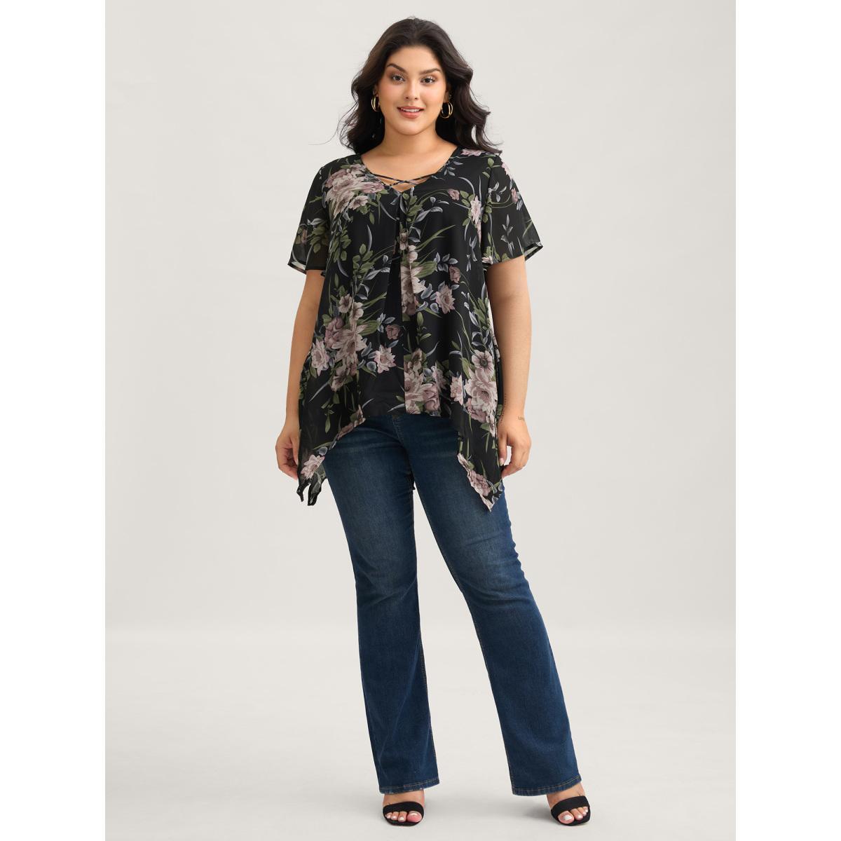 Plus Size Black Chiffon Floral Crisscross Hanky Hem Blouse Women Elegant Short sleeve V-neck Everyday Blouses BloomChic 14-16/1X Product Image