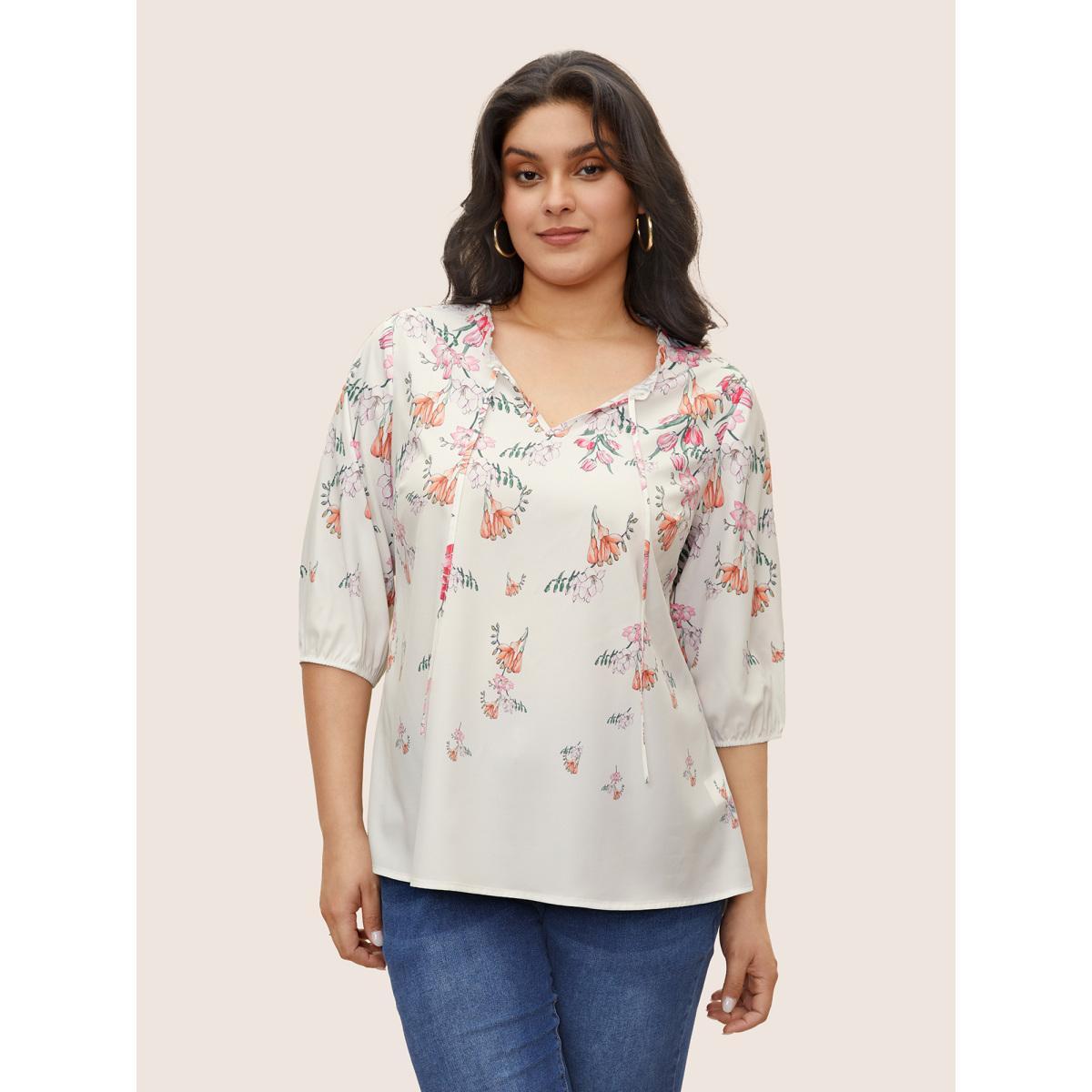 Plus Size White Boho Print Tie Neck Frill Trim Blouse Women Elegant Elbow-length sleeve Notched collar Everyday Blouses BloomChic 10/M Product Image